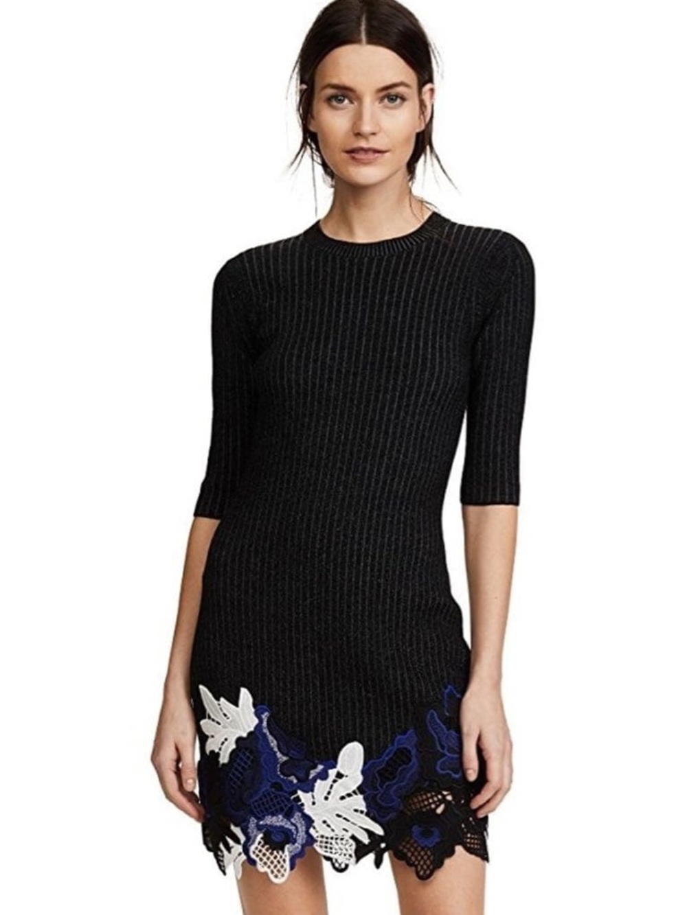 3.1 Phillip Lim Black Ribbed Knit Top with Metallic Sheen